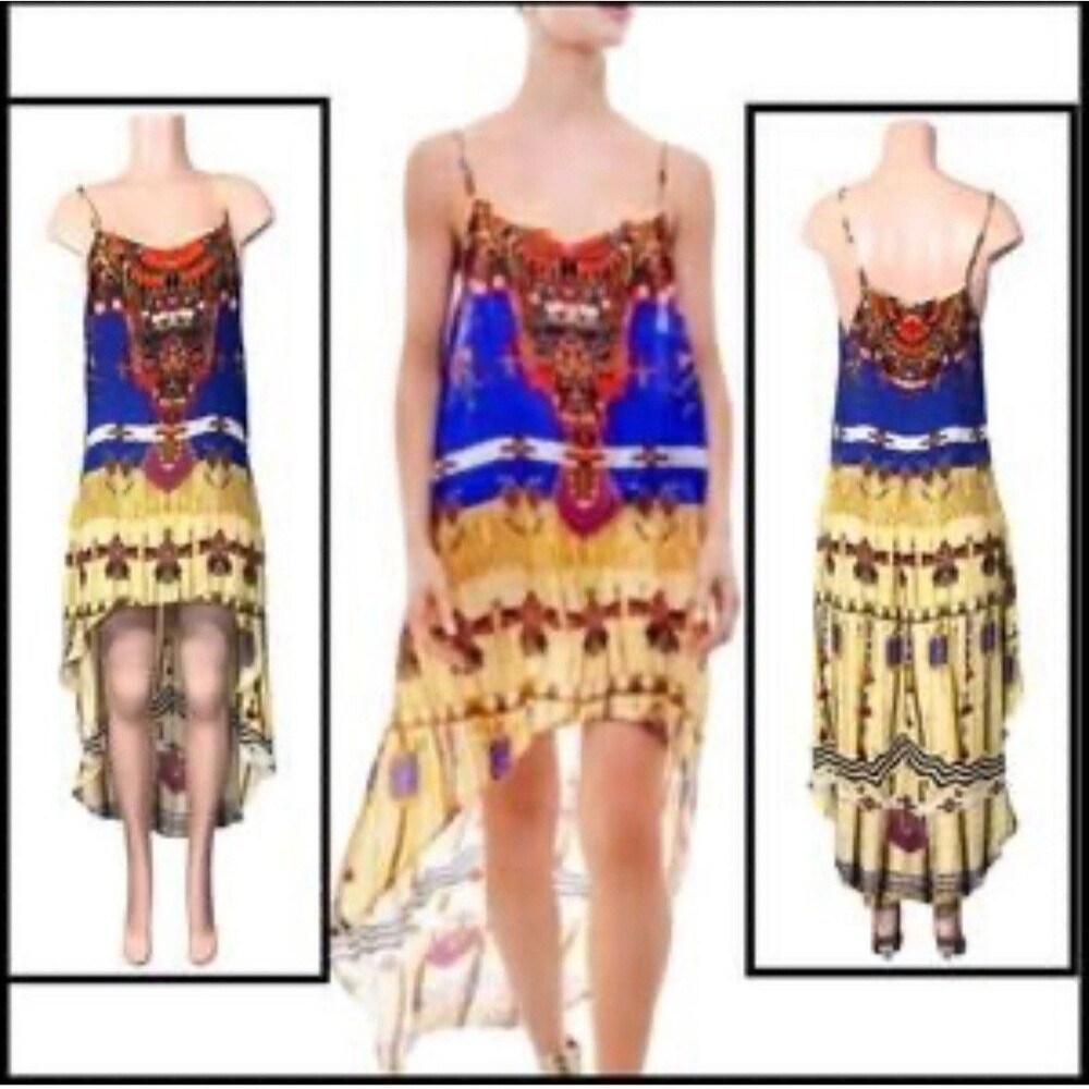Shahida Parides Tropical Hi-Low Silk Maxi Dress Boho Sz. Small Festival Resort
